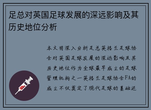 足总对英国足球发展的深远影响及其历史地位分析