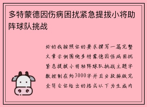 多特蒙德因伤病困扰紧急提拔小将助阵球队挑战