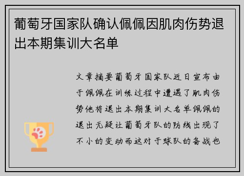 葡萄牙国家队确认佩佩因肌肉伤势退出本期集训大名单